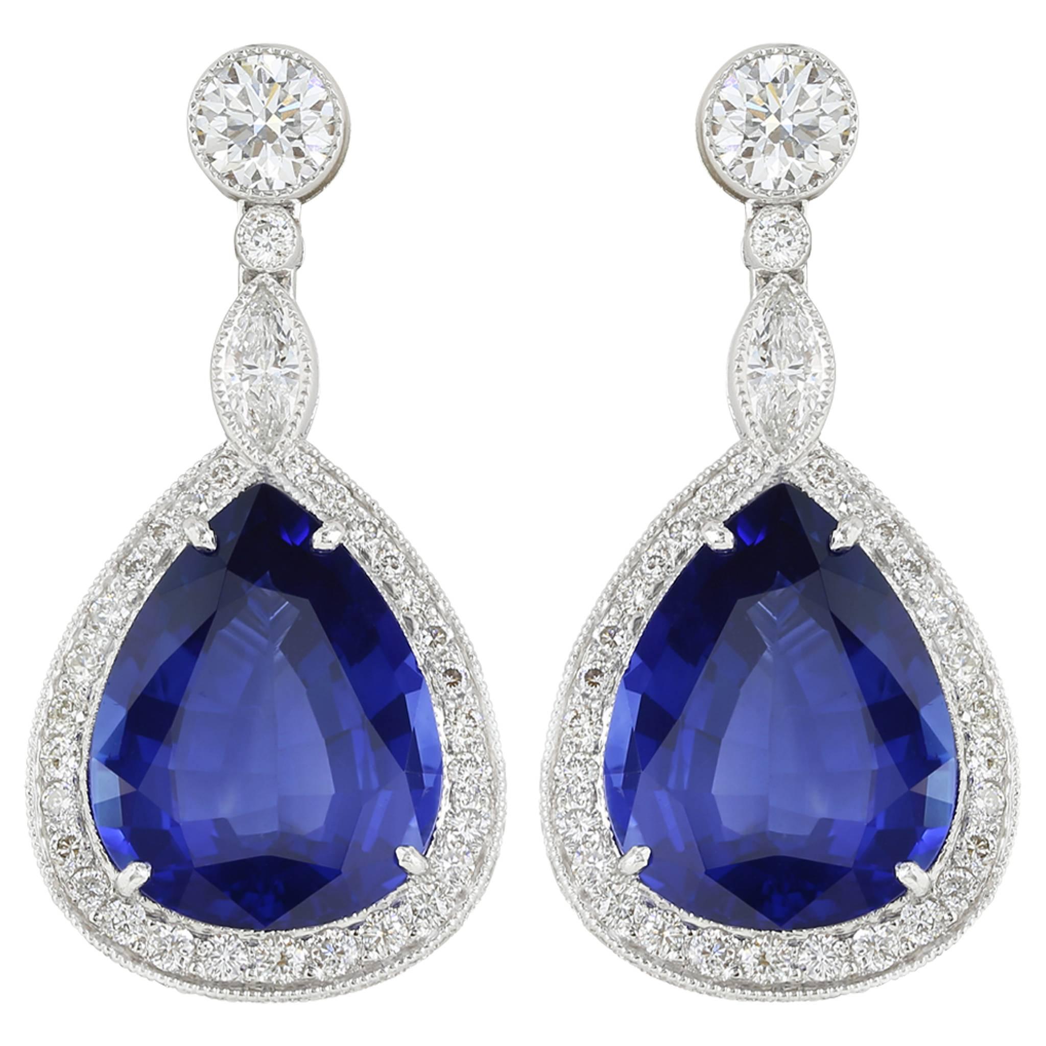 Pear Shape Sapphire Diamond Gold Platinum Earrings For Sale