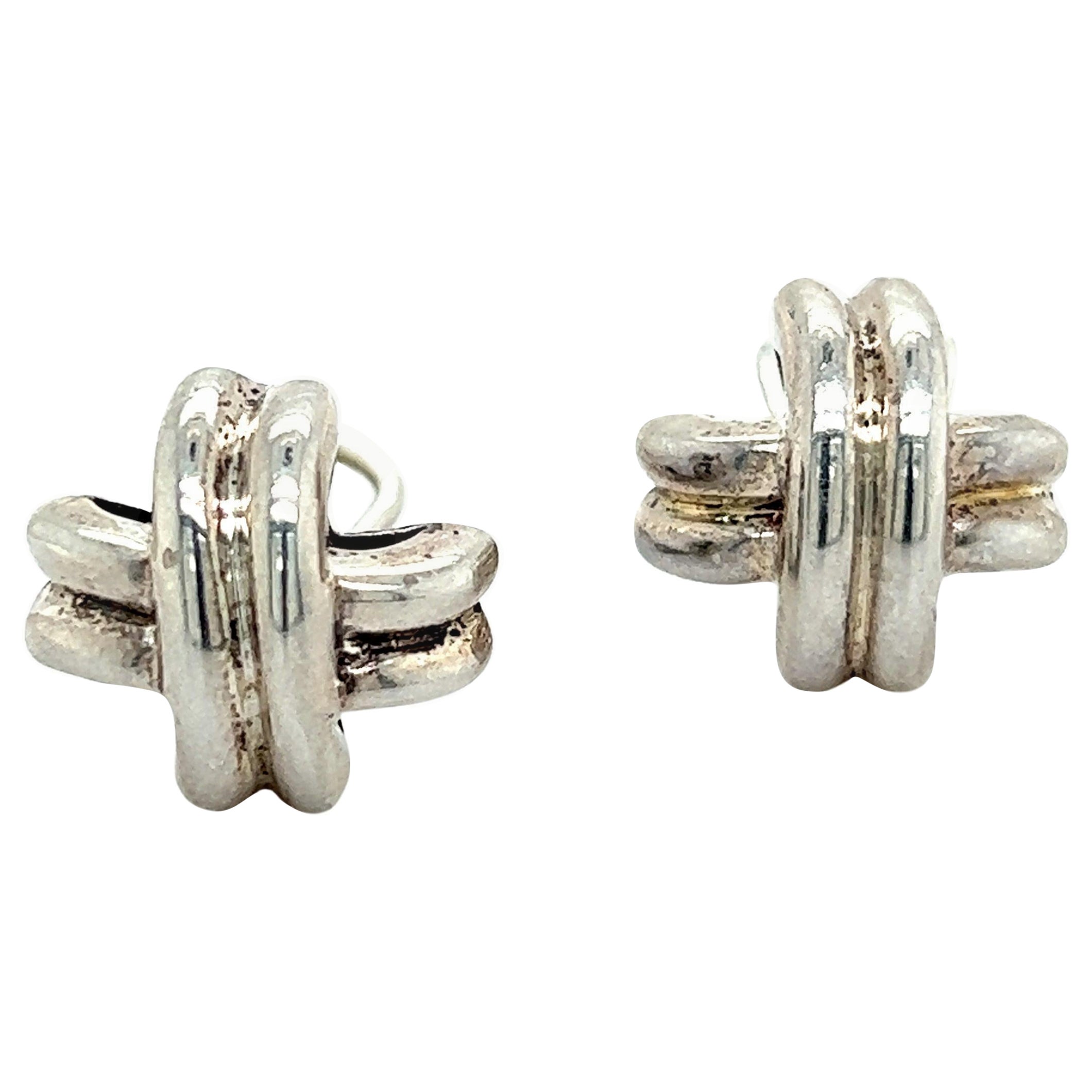 Tiffany & Co Estate X Signature Clip-On Earrings Silver  For Sale