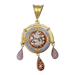 Micromosaik Love Bird Dove Medaillon Halskette Etruskische Revival viktorianische 14k Gold