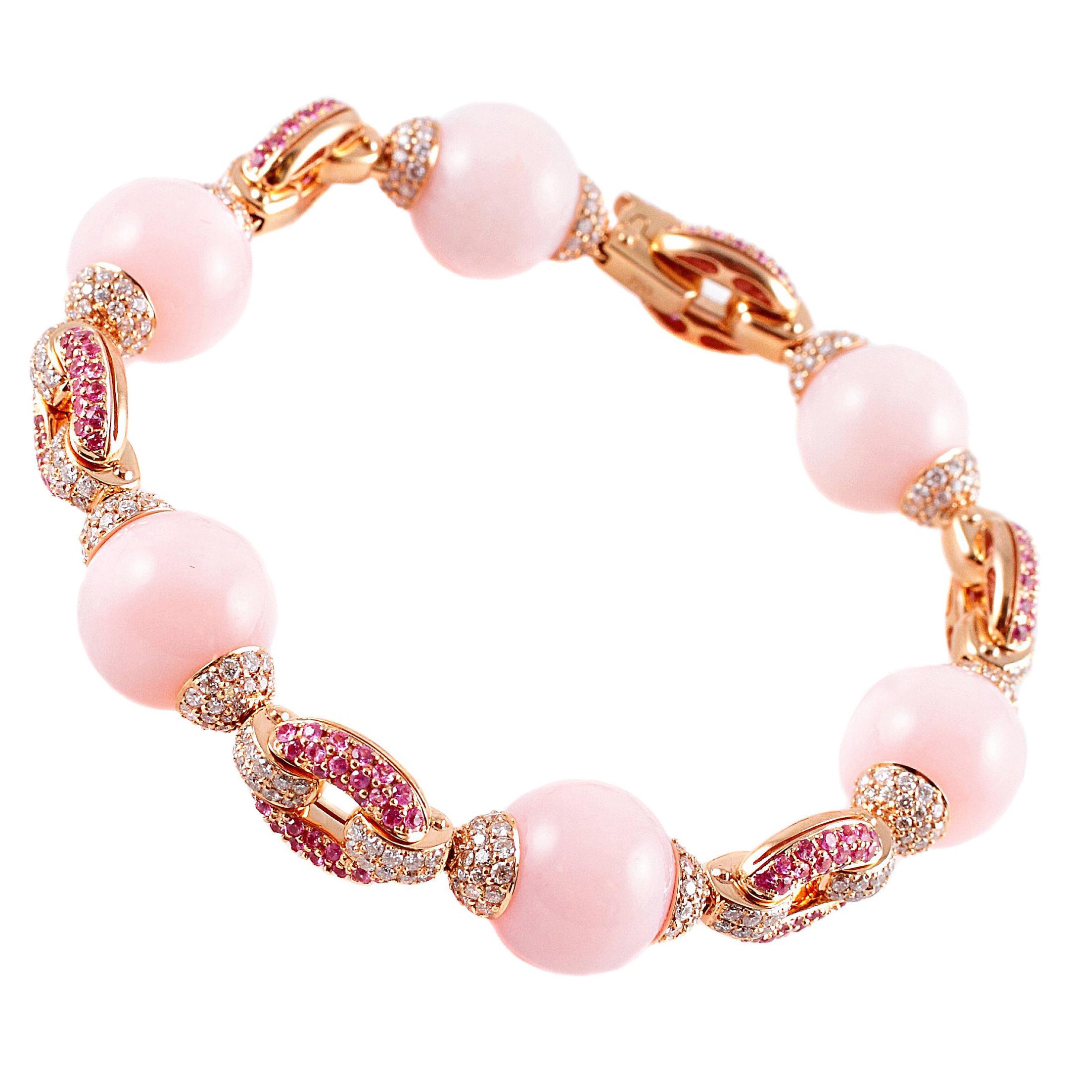 58.52 Carat Pink Opal 2.14 Carat Pink Sapphire 3.55 Carats Diamond Bracelet For Sale
