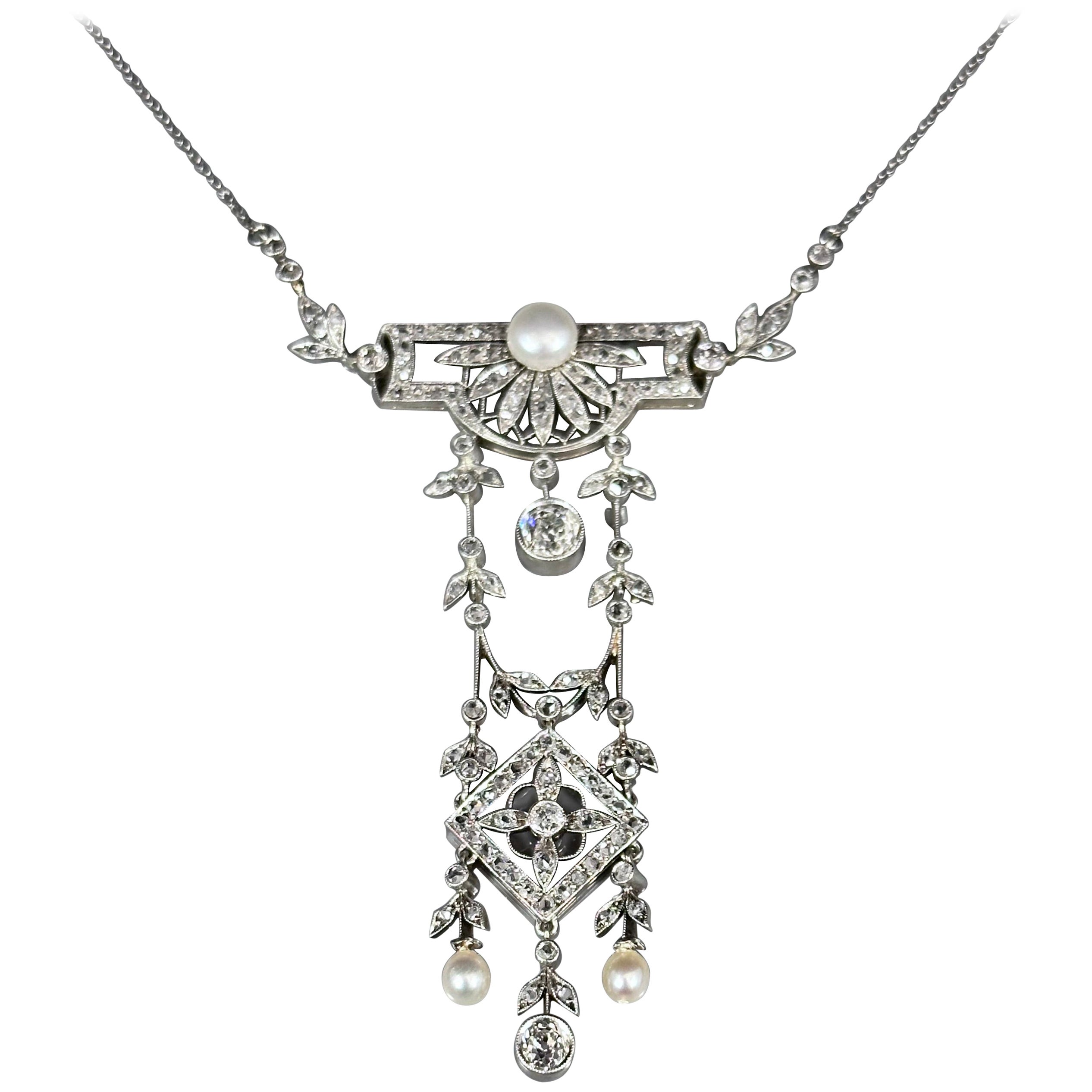 Antique La Belle Epoque Edwardian Natural Pearl Diamond Pendant Platinum Gold For Sale