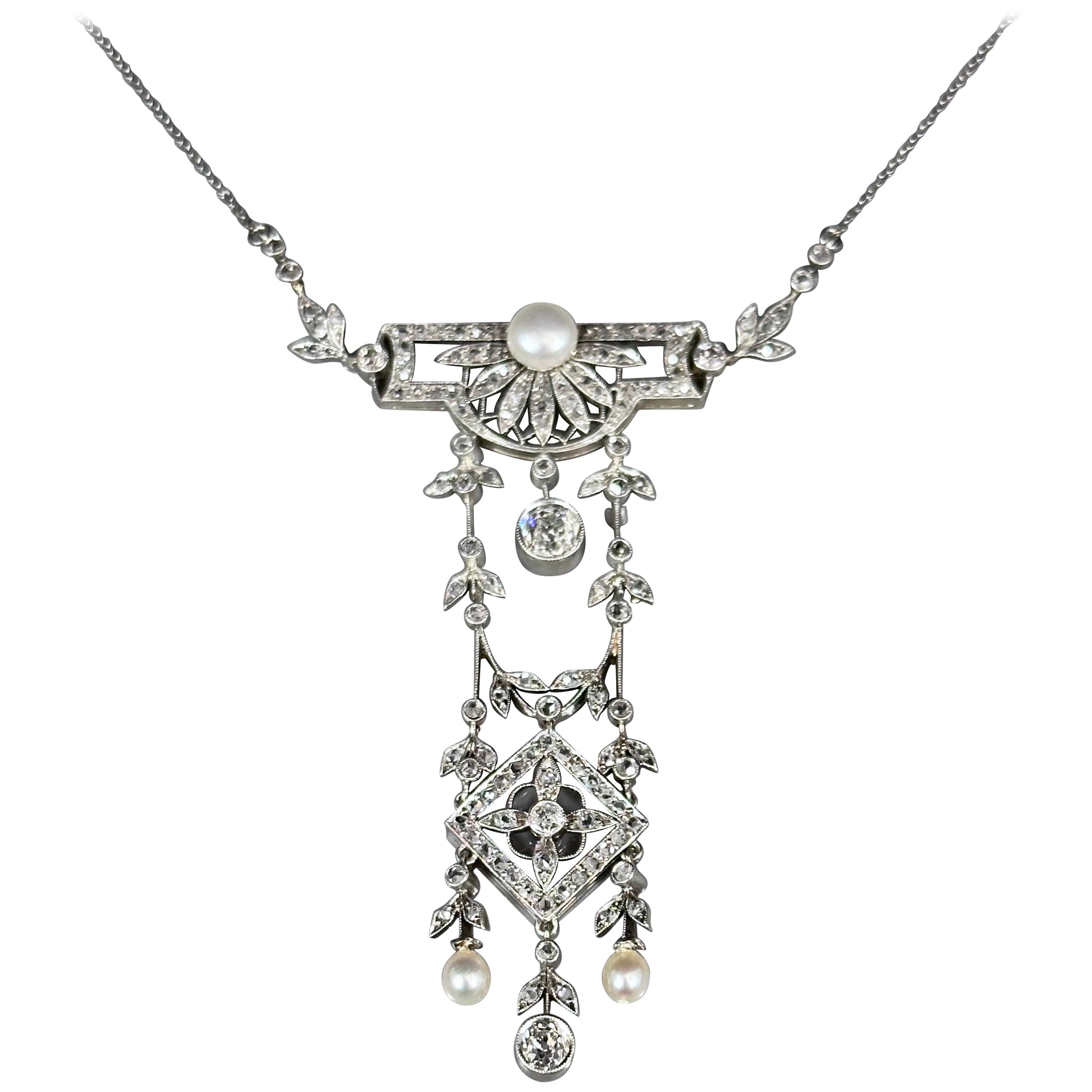 Pendentif ancien La Belle Époque édouardien en or et platine avec perles naturelles et diamants