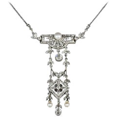 Antique La Belle Epoque Edwardian Natural Pearl Diamond Pendant Platinum Gold
