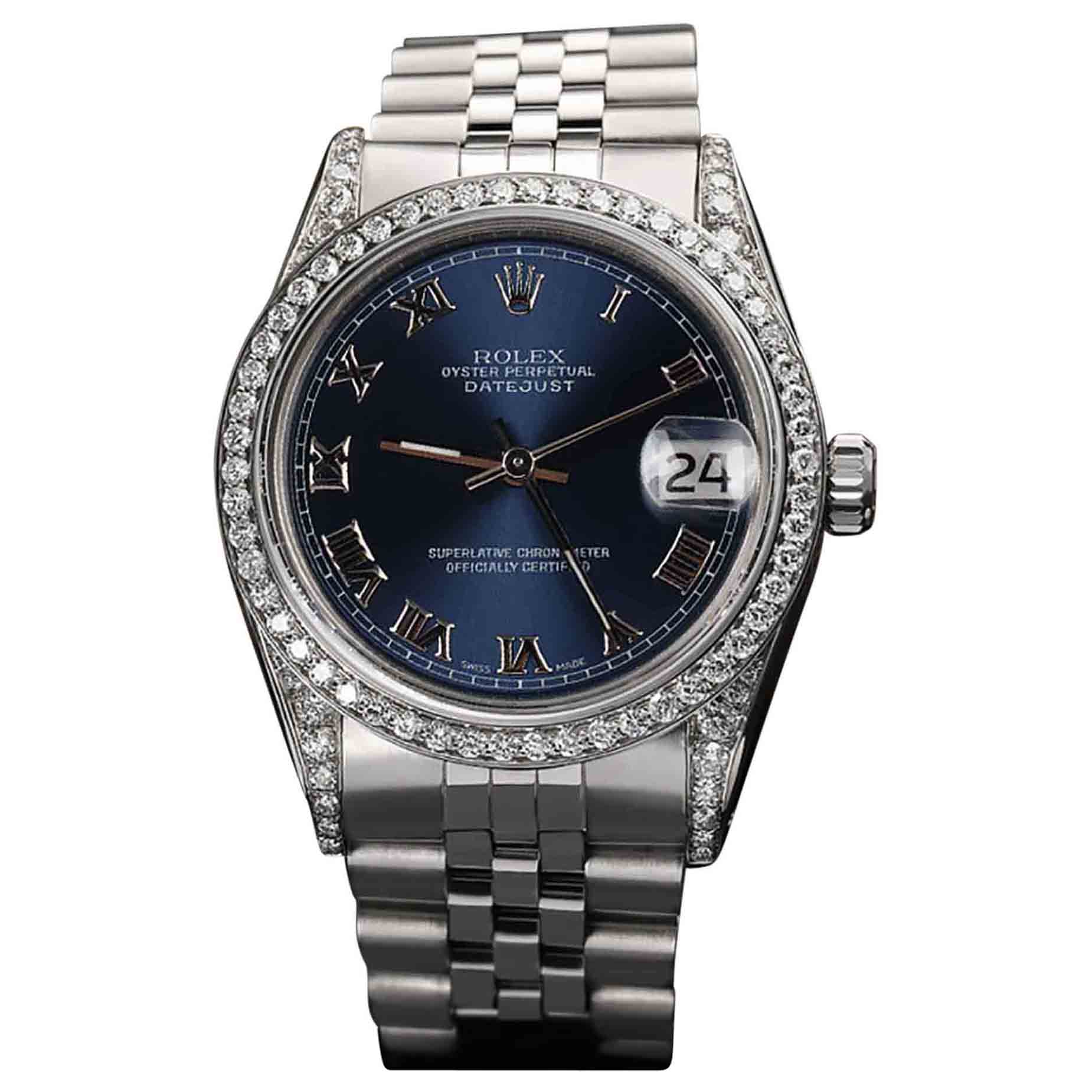 Rolex Datejust Navy Roman Dial Diamond Bezel & Lugs Stainless Steel Watch For Sale