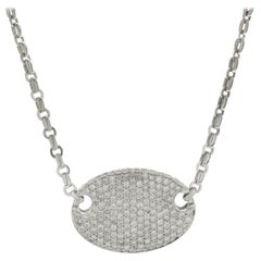 18 Karat White Gold Pave Diamond Oval Disc Necklace