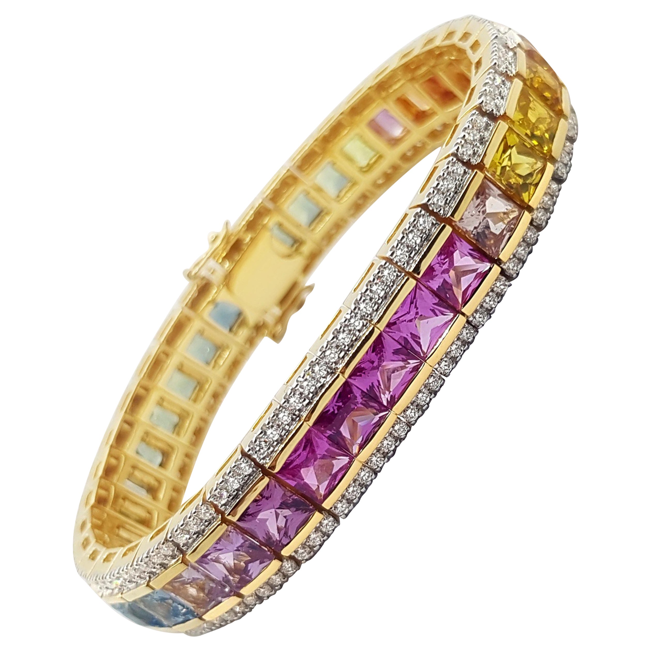 Multi Color Sapphire with Diamond Tennis Bracelet set in 18K Gold Settings For Sale
