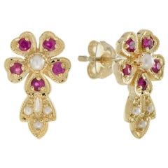 Pearl and Ruby Vintage Style Floral Cluster Stud Earrings in 9k Yellow Gold