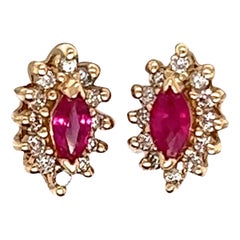 Ruby and Diamond Halo Earrings in 14k Gold