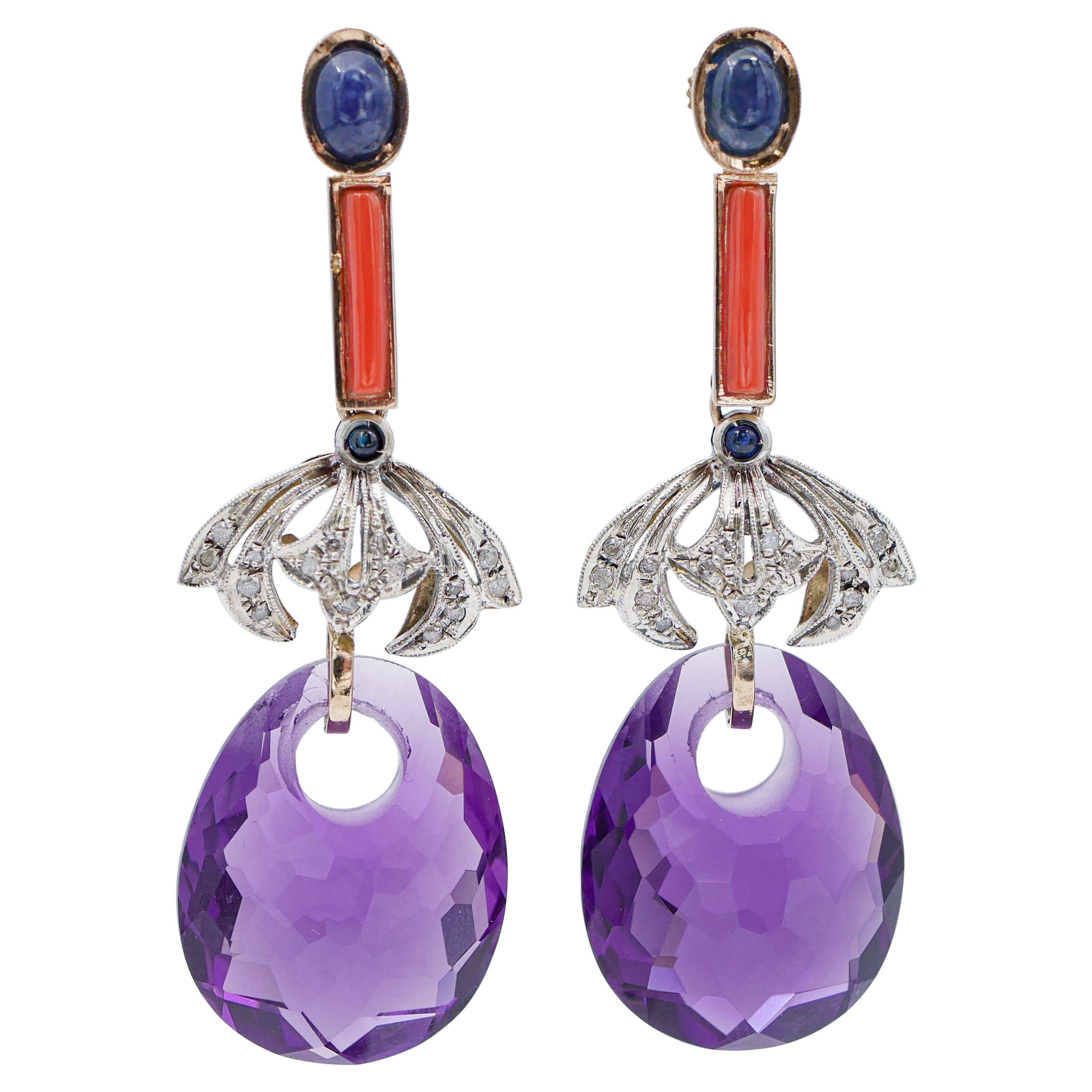 Amethysts, Coral, Sapphires, Diamonds, 14 Karat Rose Gold and Silver Earrings For Sale