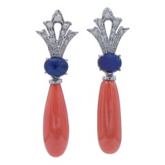 Coral, Sapphires, Diamonds, 14 Karat White Gold Dangle Earrings