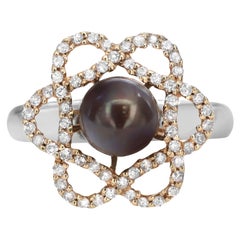0.38cttw Round Diamond and Tahitian Pearl Ladies Cocktail Ring 14k Gold