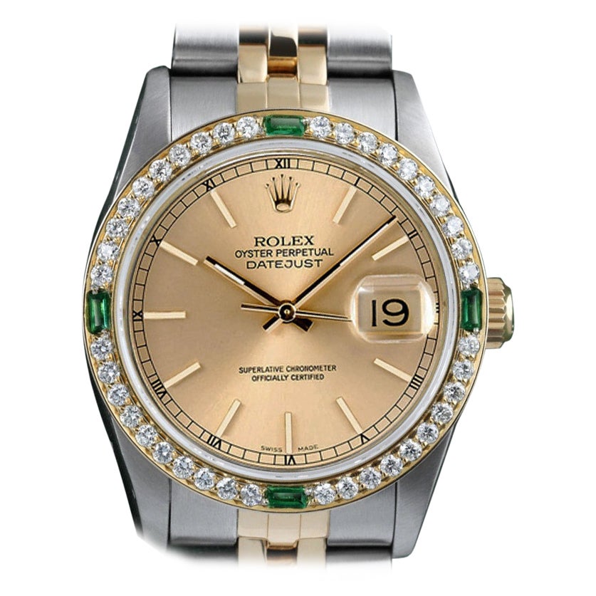 Rolex Datejust Champagne Dial Diamond & Emerald Bezel 18k Gold/Steel Watch For Sale