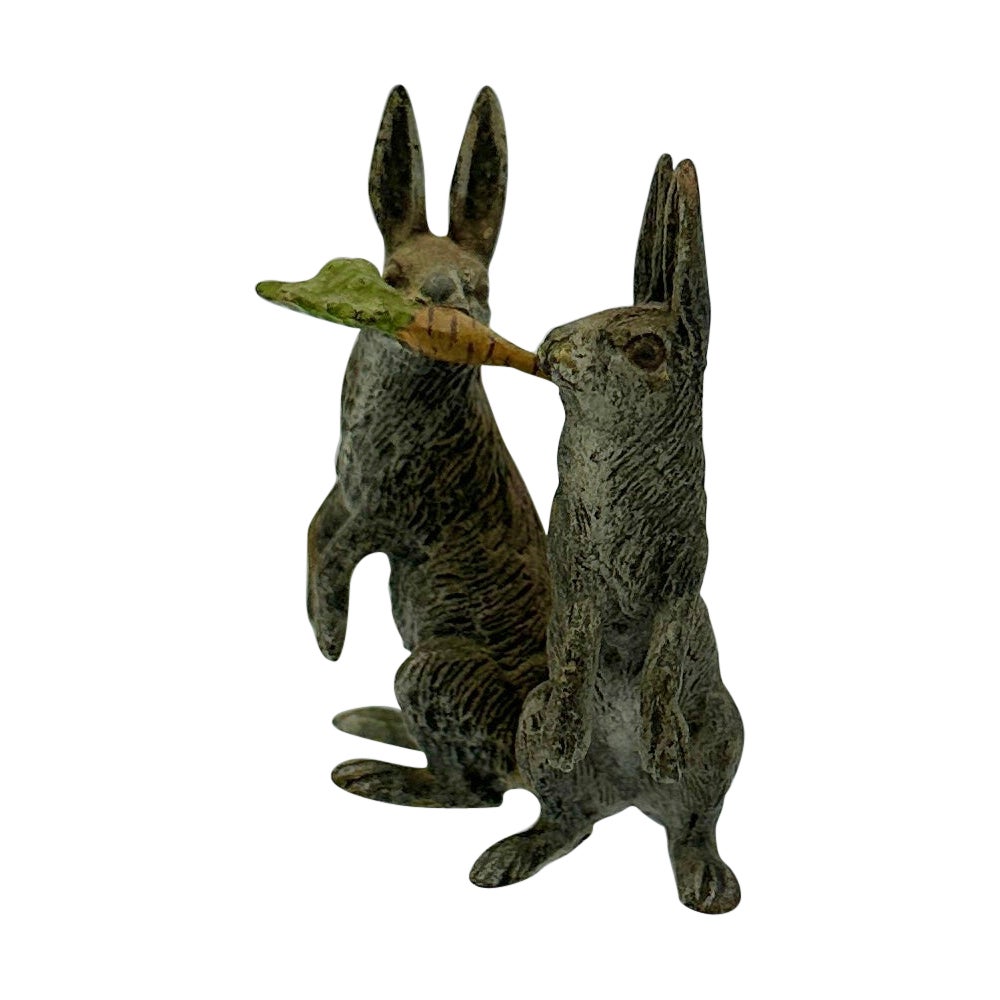 Bunny Rabbits with Carrot Austrian Vienna Bronze circa 1900 Easter Bunny Rabbit For Sale