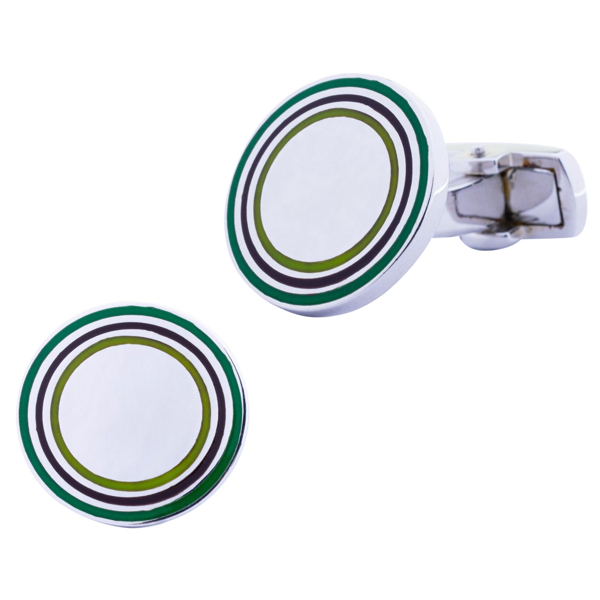 Alex Jona Sterling Silver Two Shade Green and Black Enamel Cufflinks For Sale