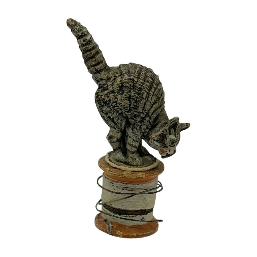 Cat Kitten on Spool of Thread Austrian Vienna Bronze circa 1900 Miniature Bronze For Sale