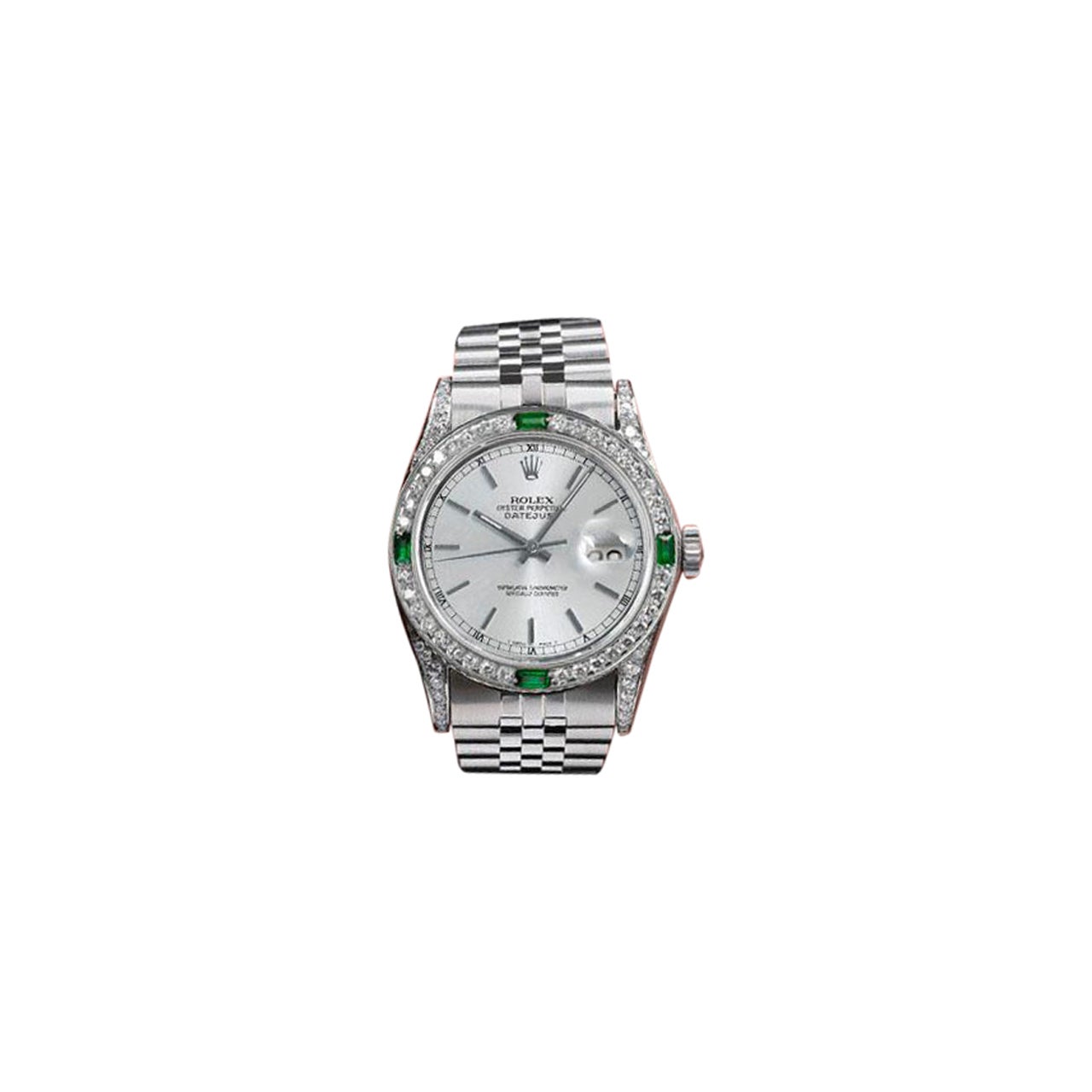 Rolex Datejust Silver Dial Diamond Lugs Emerald & Diamond Bezel Steel Watch For Sale