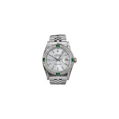 Retro Rolex Datejust Silver Dial Diamond Lugs Emerald & Diamond Bezel Steel Watch