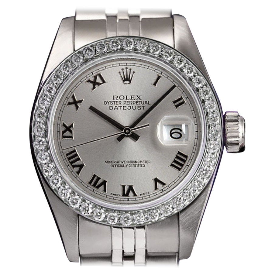 Rolex Datejust Silver Dial Custom Diamond Bezel Steel Ladies Watch For Sale
