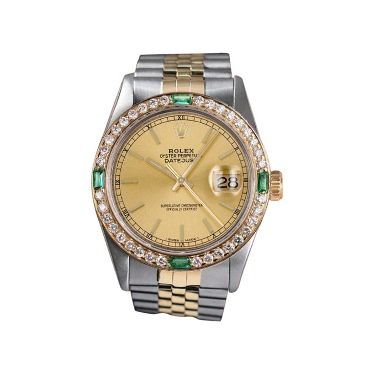 Rolex Montre Datejust avec lunette diamant/émeraude champagne Stick Dial bicolore