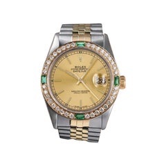 Rolex Datejust Diamond/Emerald Bezel Champagne Stick Dial Two Tone Watch