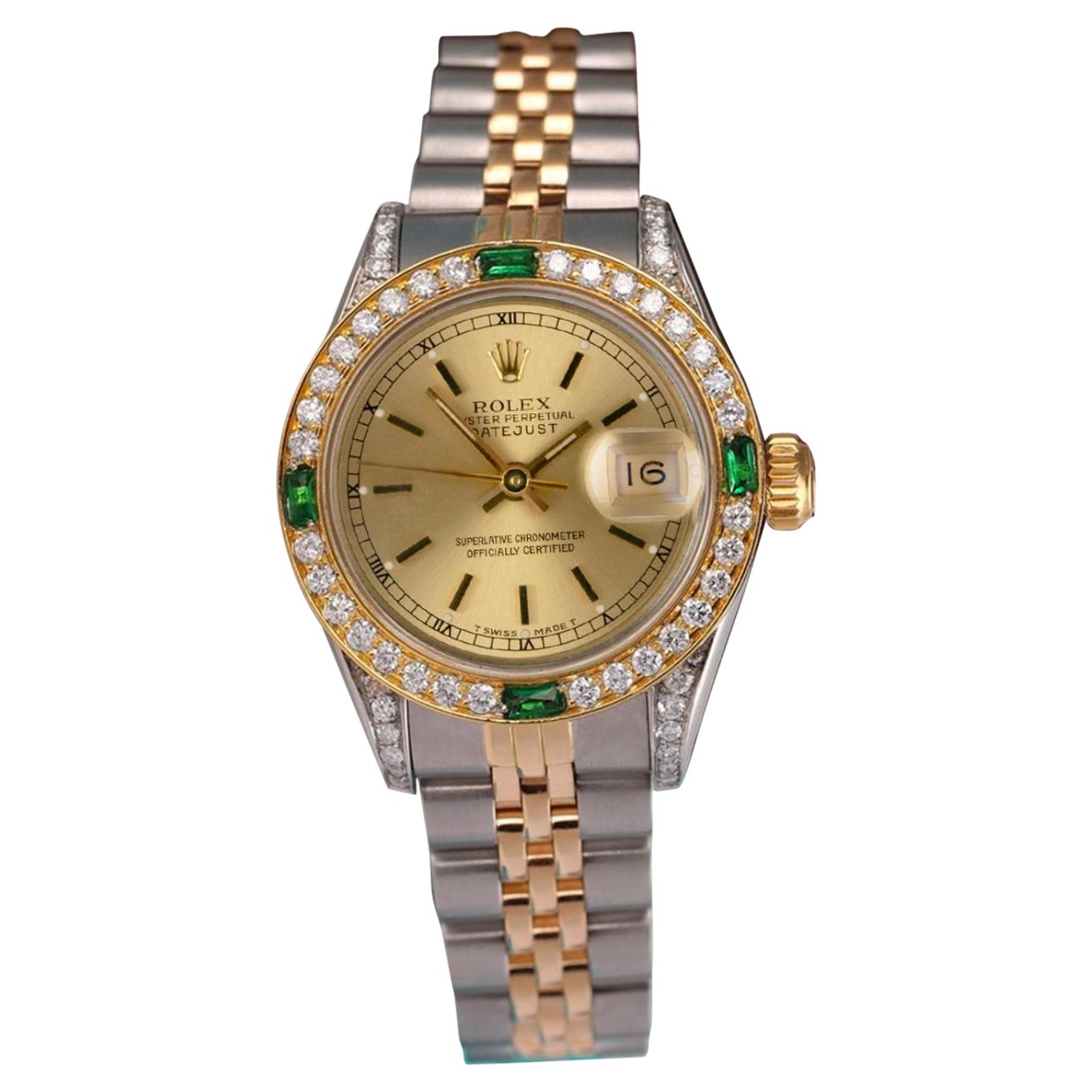 Ladies Rolex Datejust Champagne Dial Two Tone Emeralds & Diamond Bezel