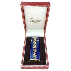 Vintage Le Must de Cartier Rare Blue Lacquer & 18k Gold Flower Oriental Pattern