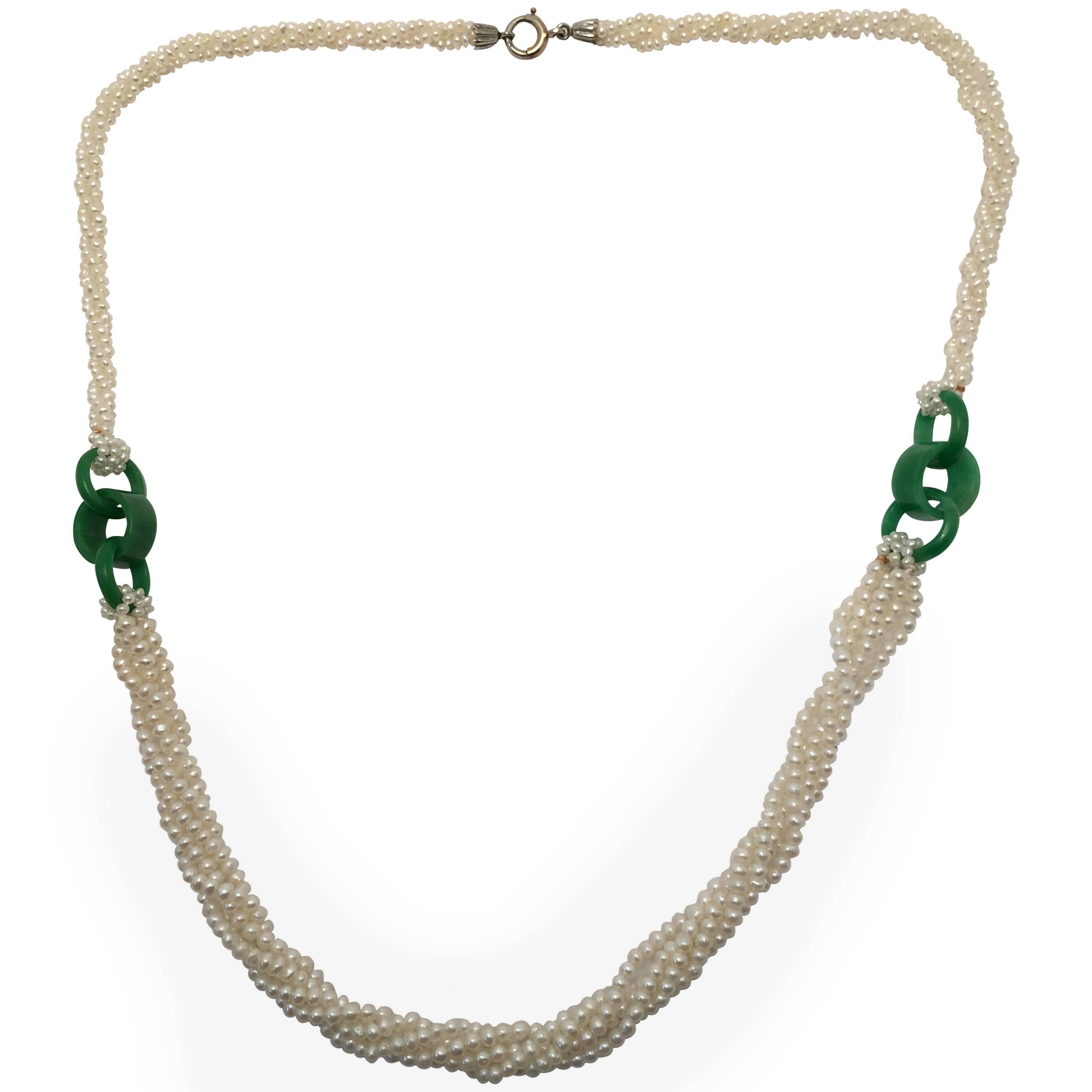 Delicate Natural Pearl and Jade Necklace For Sale