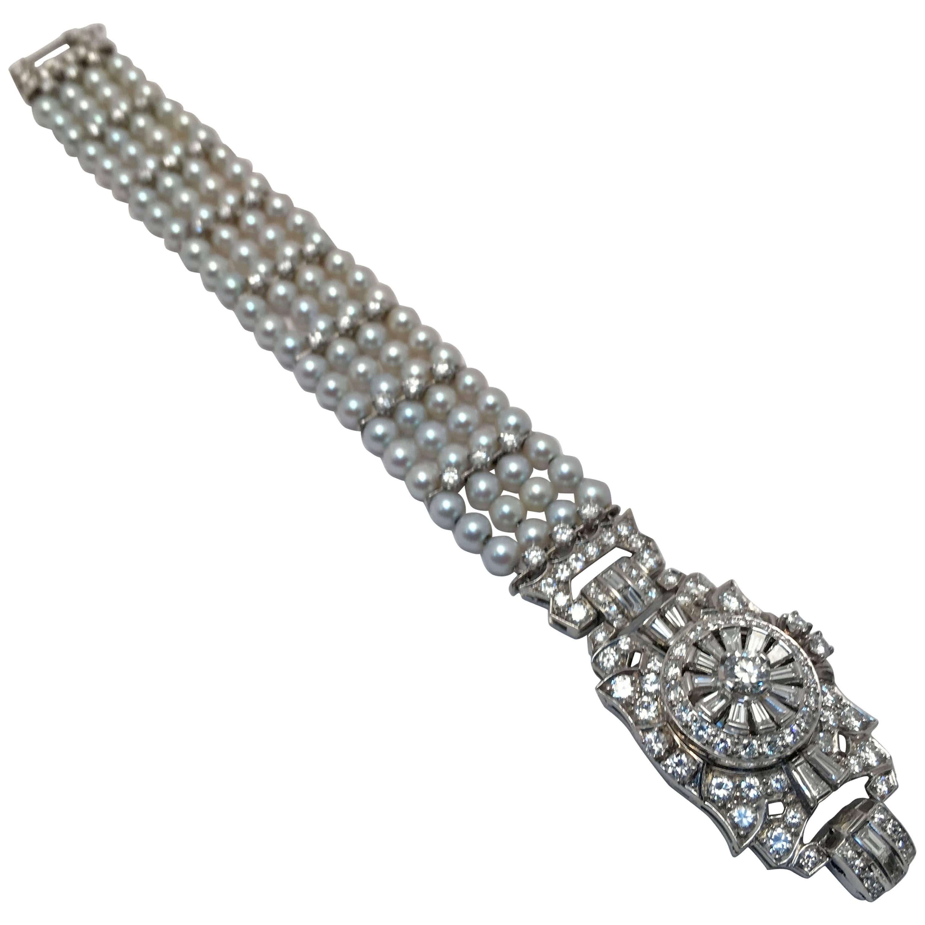 Ladies Platinum Diamond Pearl Bracelet Wristwatch For Sale