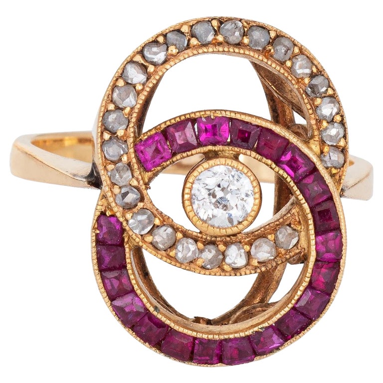 Antique Edwardian Ring Infinity Knot Ruby Diamond 14k Gold Fine Jewelry