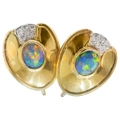 1.44 Carat Australian Black Opal, Diamond & 18k Gold Earrings