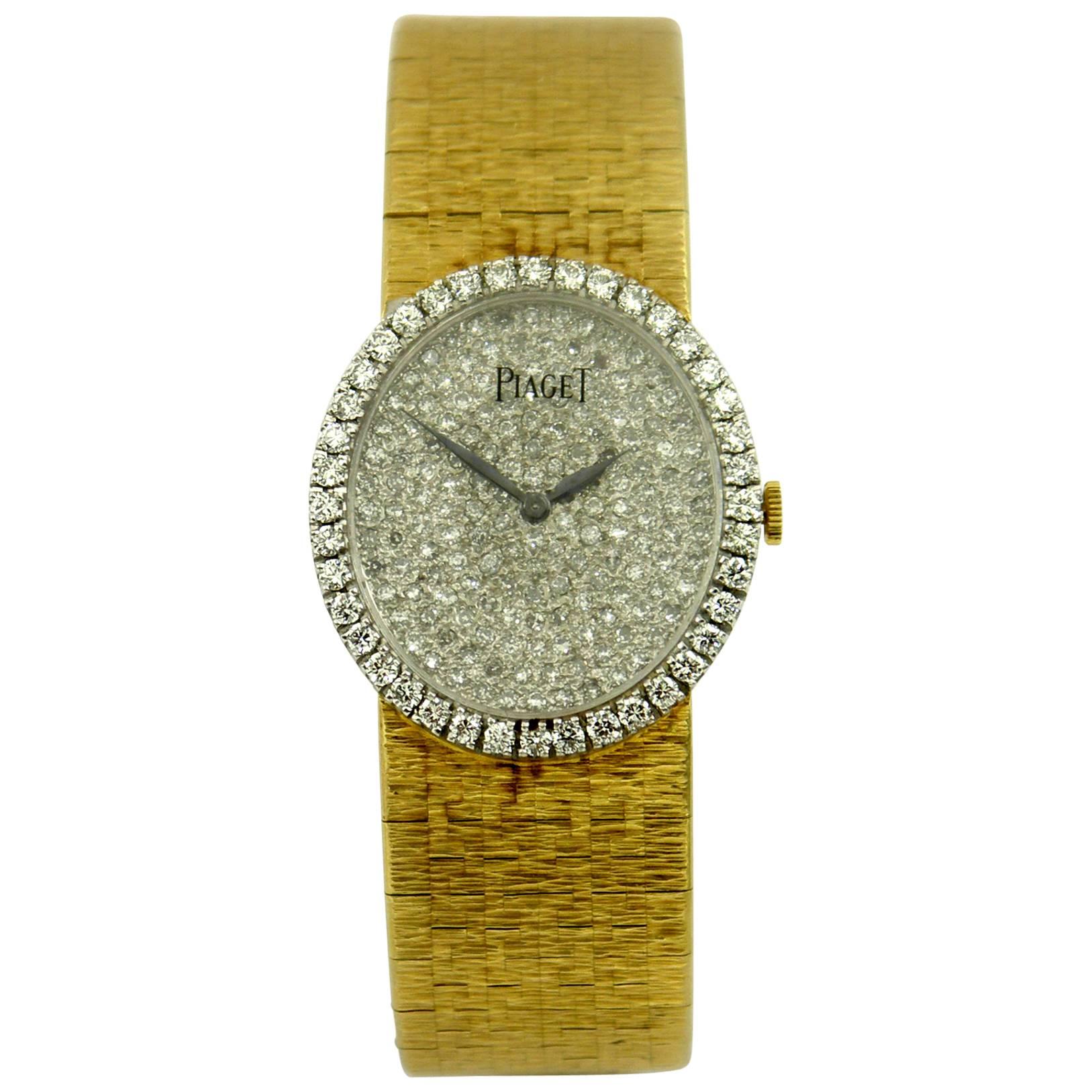 Piaget Ladies Yellow Gold Pave Diamond Dial Diamond Bezel Wristwatch
