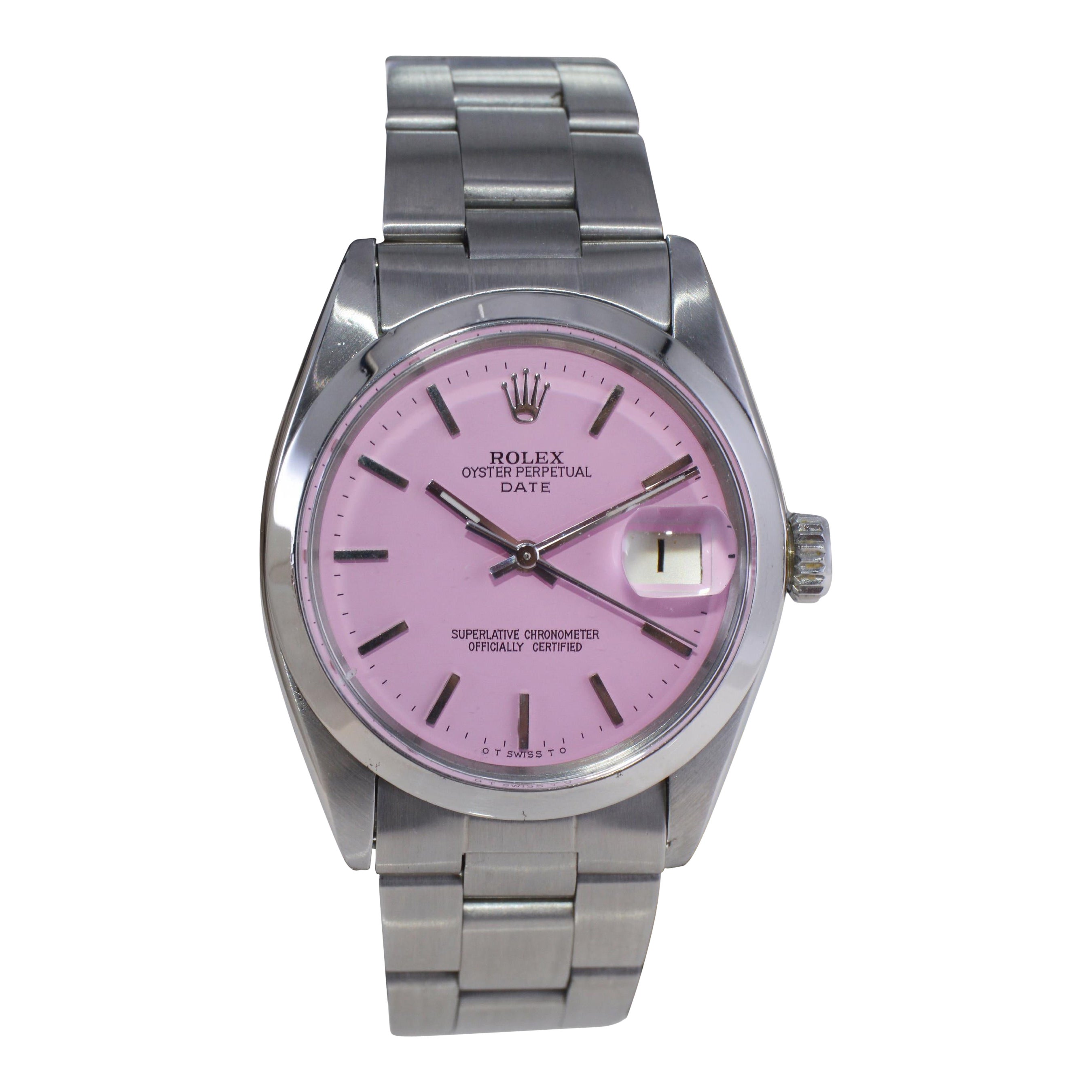 Rolex Stainless Steel Oyster Perpetual Date with Custom Made Pink Dial 1960's For Sale