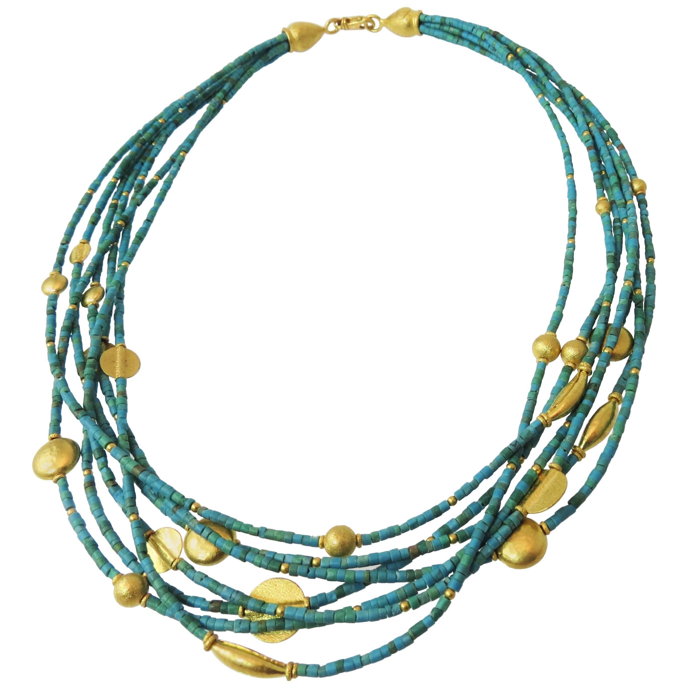 Fabulous Turquoise Gold Seven Strand Bead Necklace
