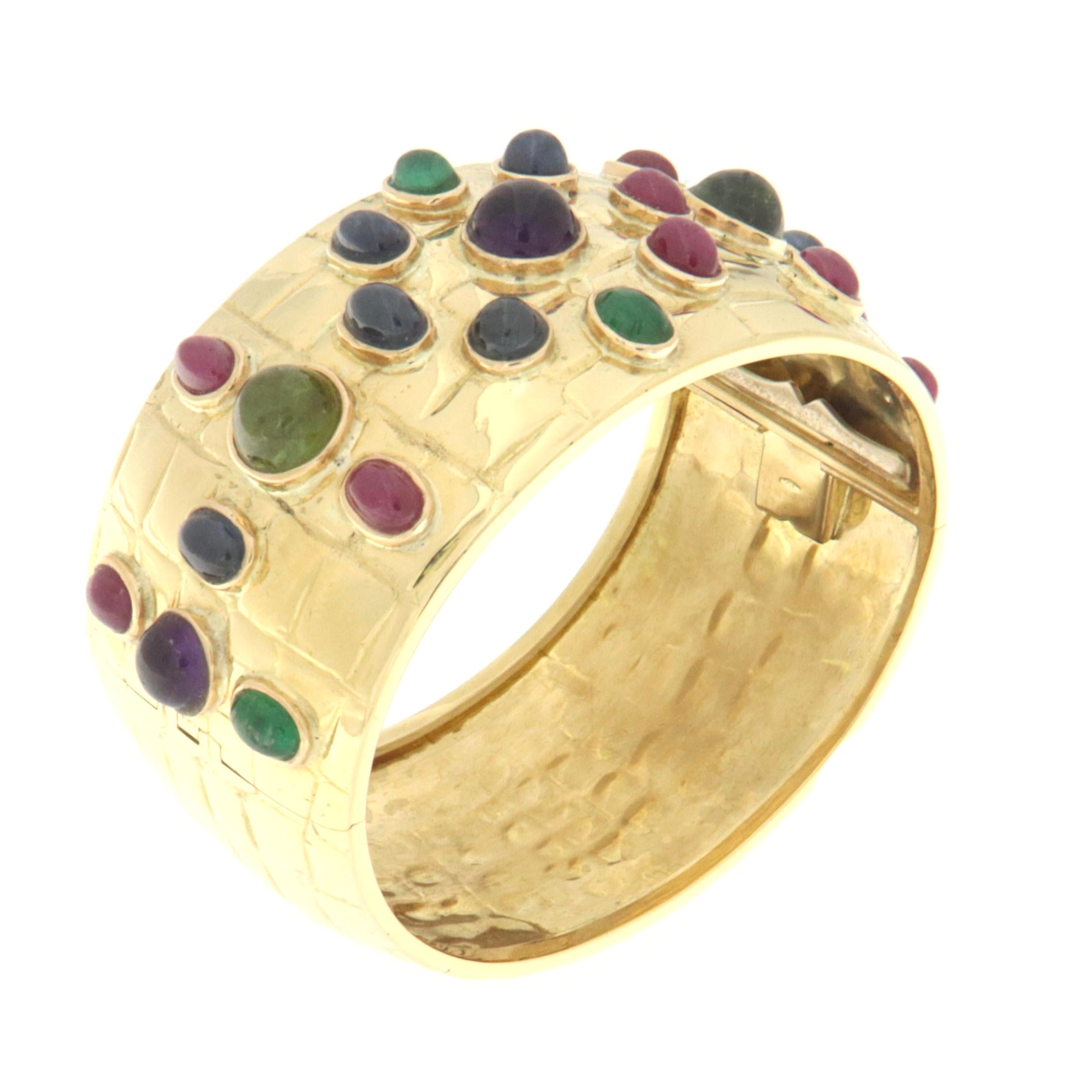 Tourmaline Sapphires Rubies Emeralds 18 Karat Yellow Gold Clamper Bracelet