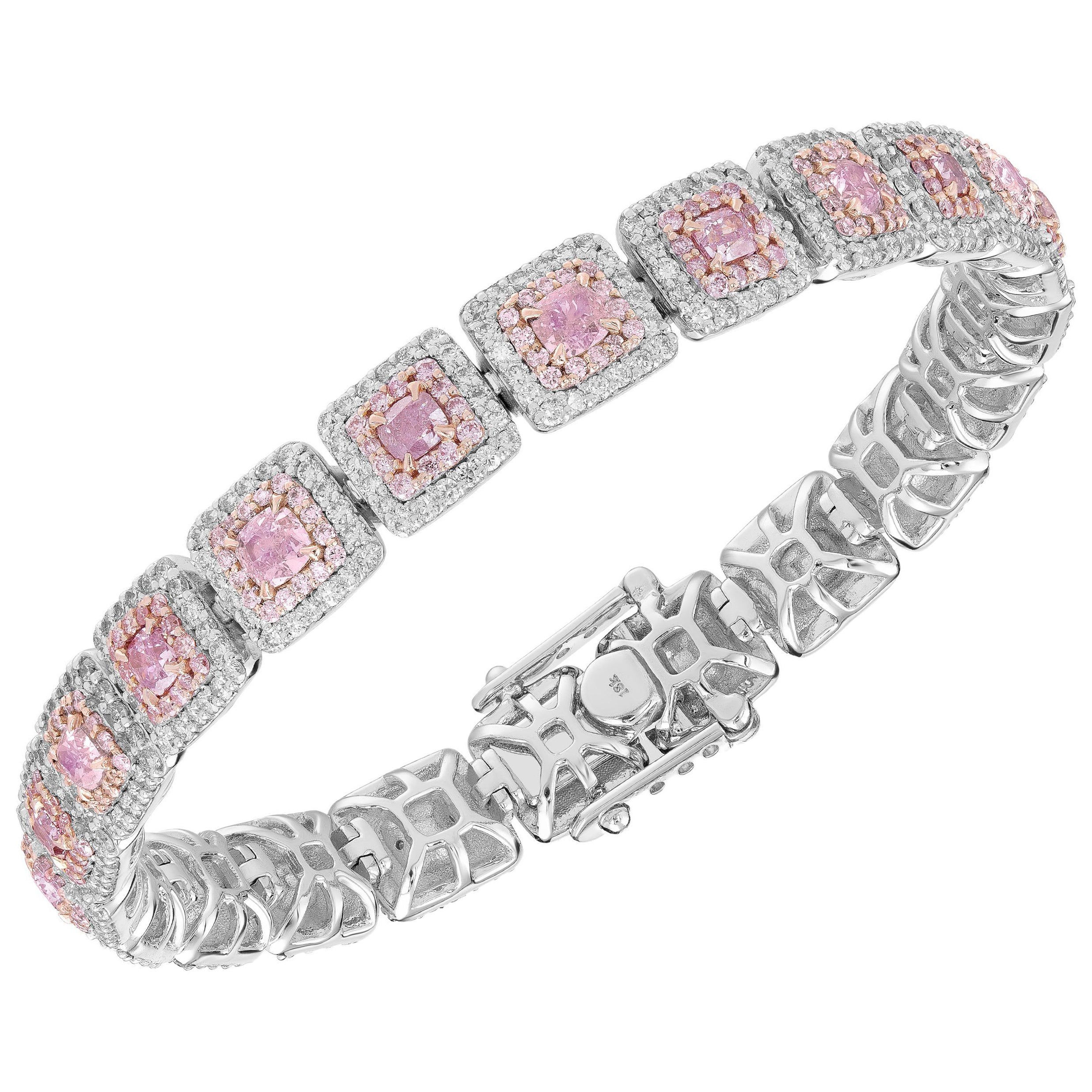 Fancy Pink Cushion Diamond Double Halo Bracelet 18k Rose Gold For Sale