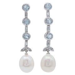 Boucles d'oreilles pendantes en platine, perles, aigue-marine et diamants