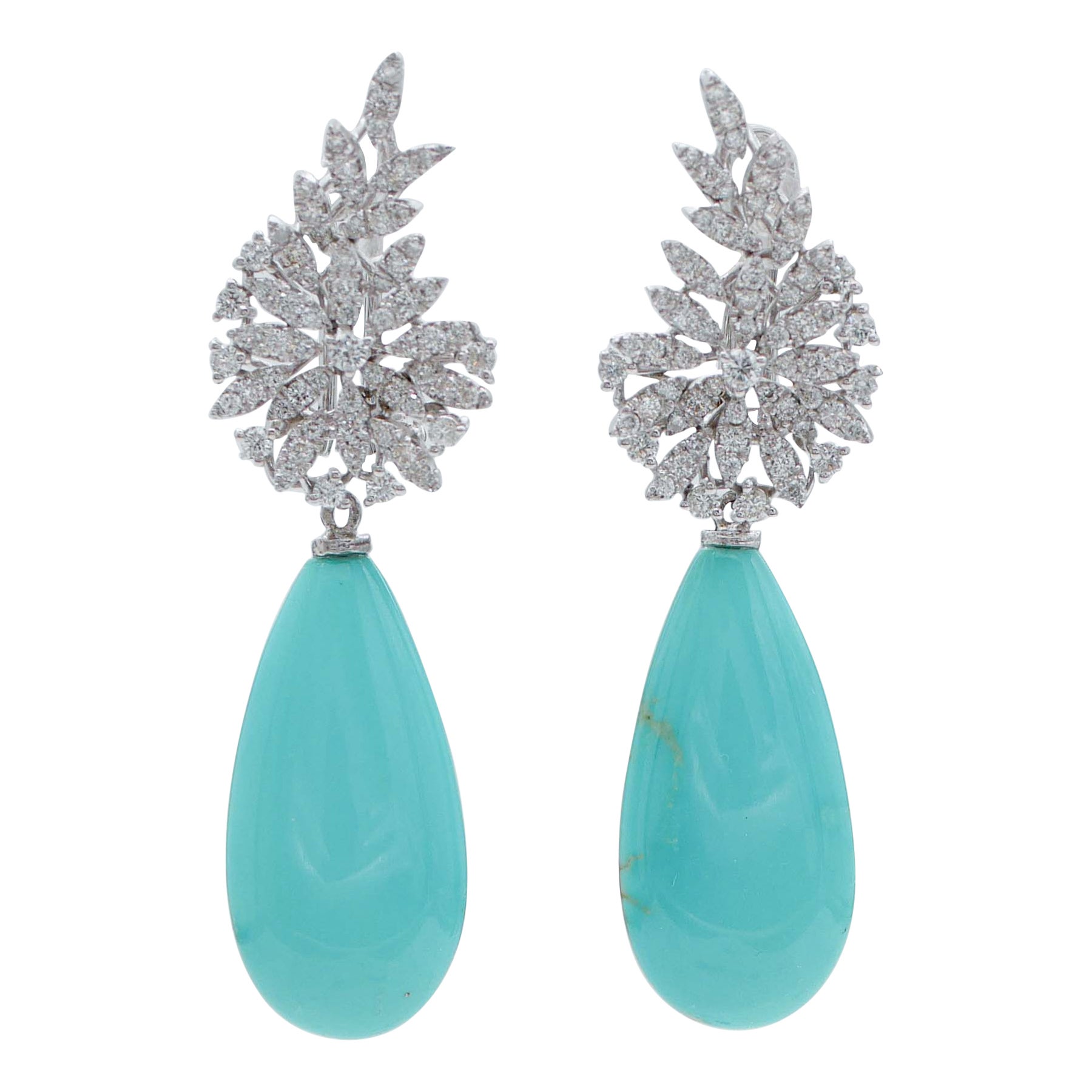 Turquoise, Diamonds, 14 Karat White Gold Earrings