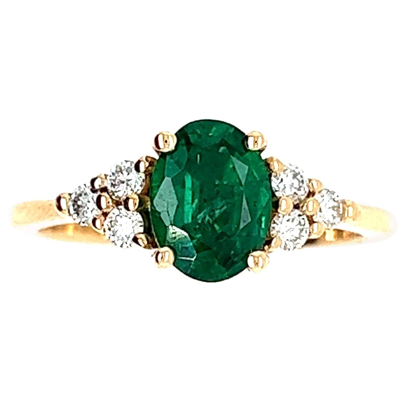 French Engagement Ring Emerald Diamonds Yellow Gold 18 Karat