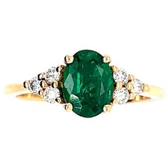 Used French Engagement Ring Emerald Diamonds Yellow Gold 18 Karat
