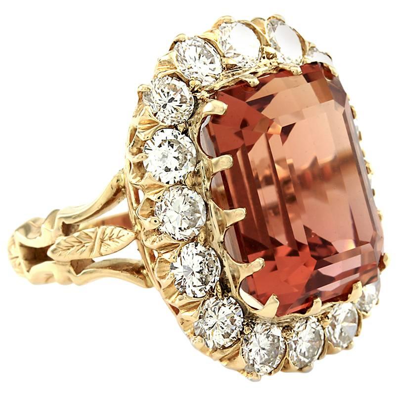 A.G.L Certified Imperial 20.36 Carat Sherry Topaz Diamond Halo Gold Ring 