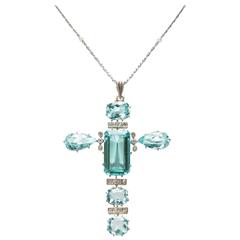 Aquamarine Pearl Diamond Gold Cross Necklace