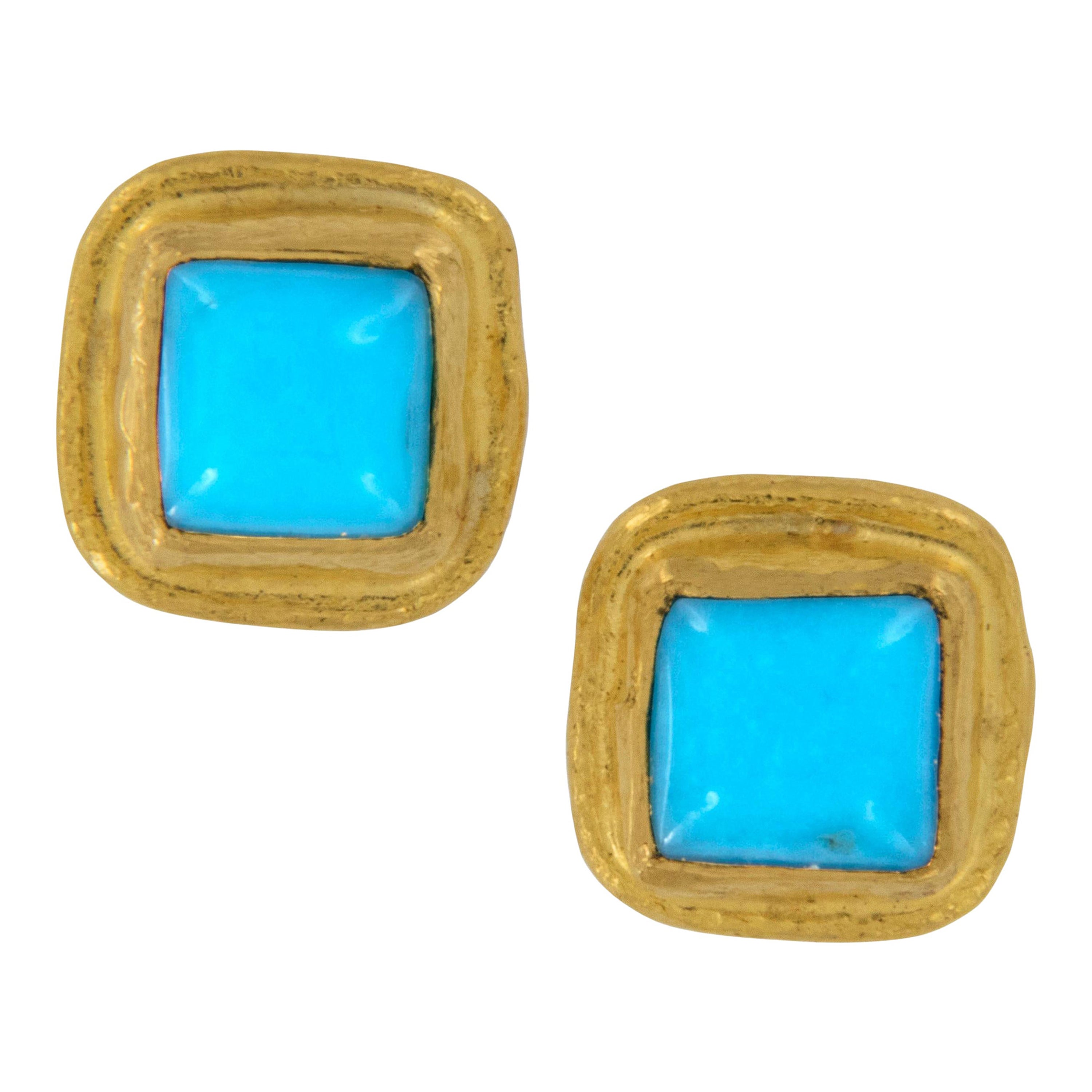 Pure 24 Karat Yellow Gold Persian Turquoise Stud Earrings For Sale