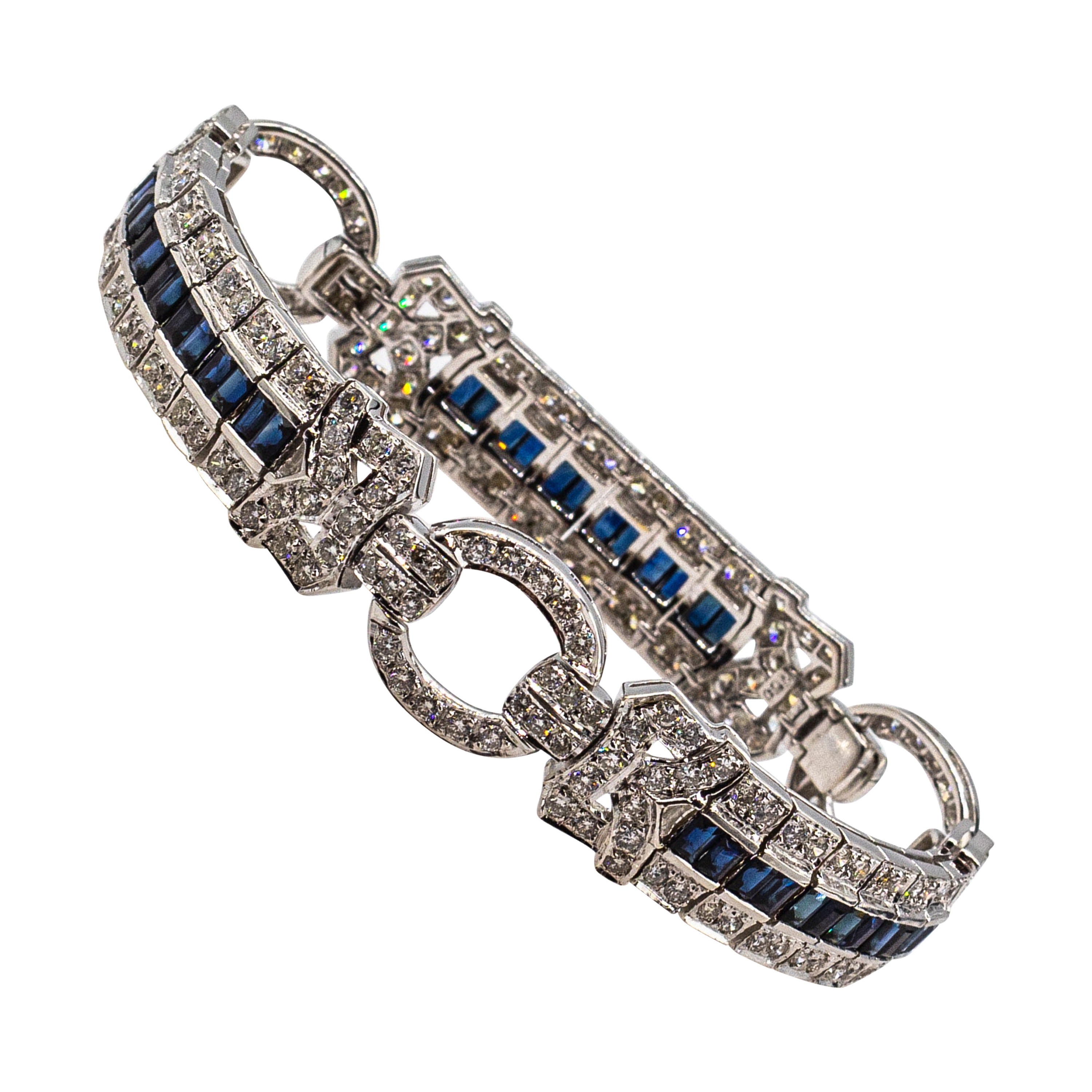 Art Deco Style 8.00 Carat White Diamond Blue Sapphire White Gold Bracelet