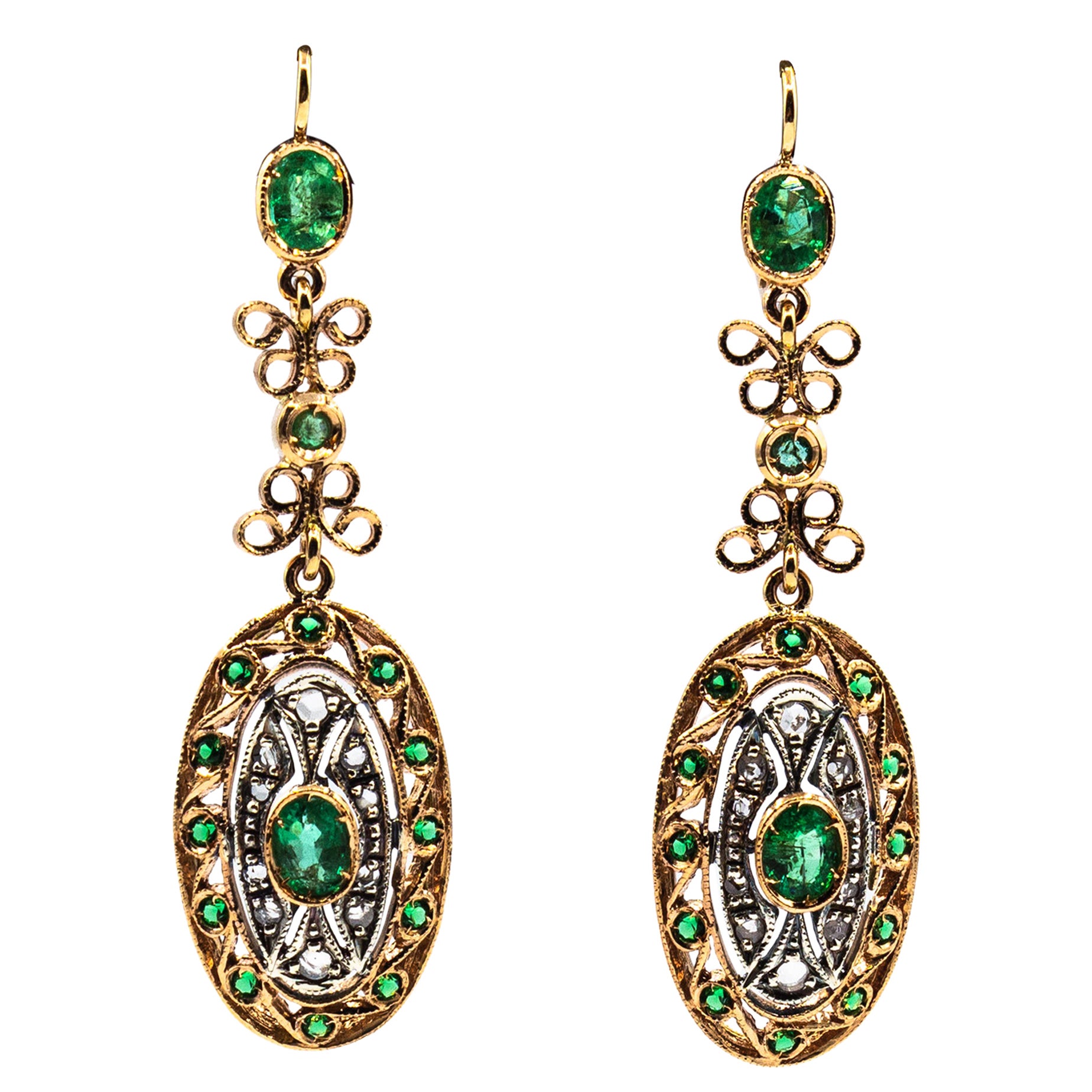 Art Deco Style Handcrafted White Rose Cut Diamond Emerald Yellow Gold Earrings For Sale