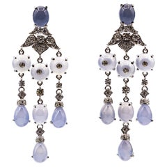 Art Deco Style Handcrafted White Diamond Chalcedony White Gold Clip-On Earrings