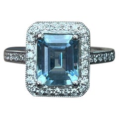 Emerald Cut Aquamarine and Diamond Ring