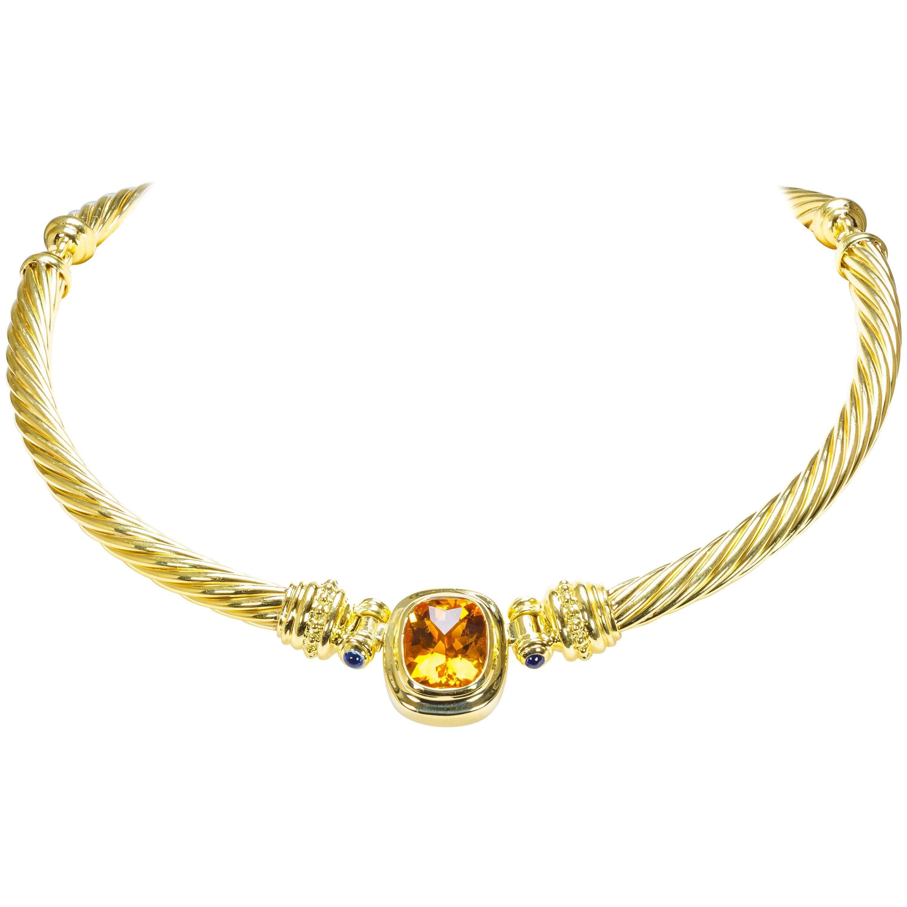 Vintage David Yurman 18k Yellow Gold Citrine and Sapphire Cable Necklace For Sale