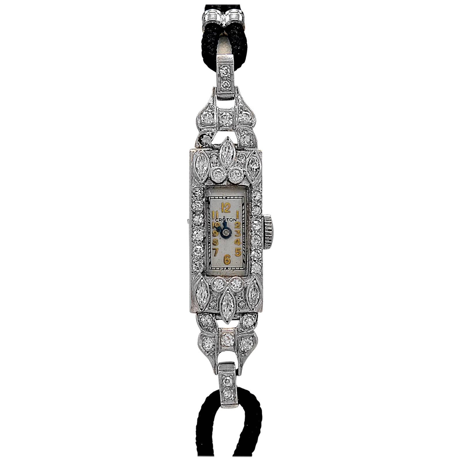 Croton Ladies Platinum Diamond Art Deco Dress Wristwatch