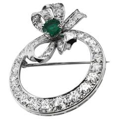  Pavé Diamond Emerald Platinum Circle Brooch 