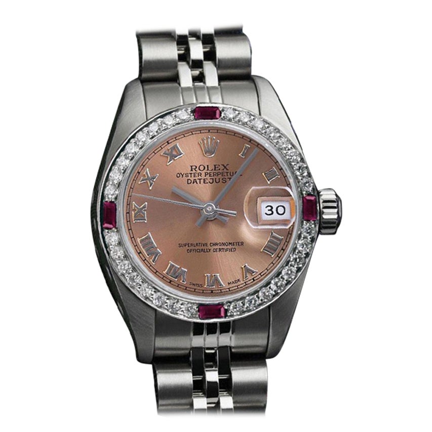 Rolex Datejust Salmon Roman Dial Diamond & Ruby Bezel Steel Ladies Watch For Sale